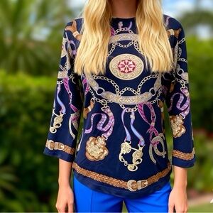 J. McLaughlin Navy Chain Print Blouse Excellent Condition